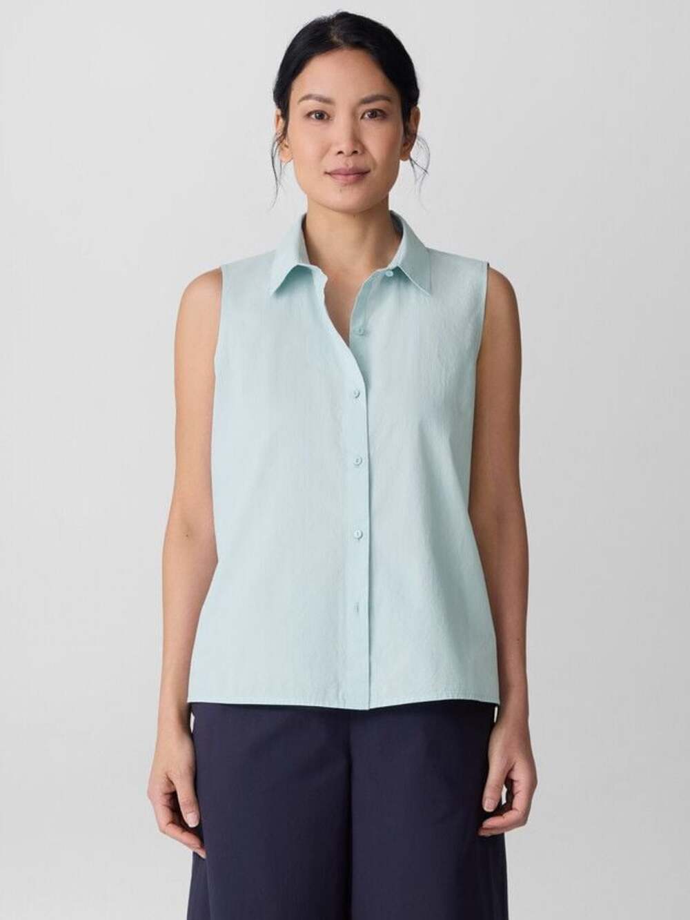 Eileen Fisher Organic Cotton Poplin Sleeveless Button Front Shirt M Blue
